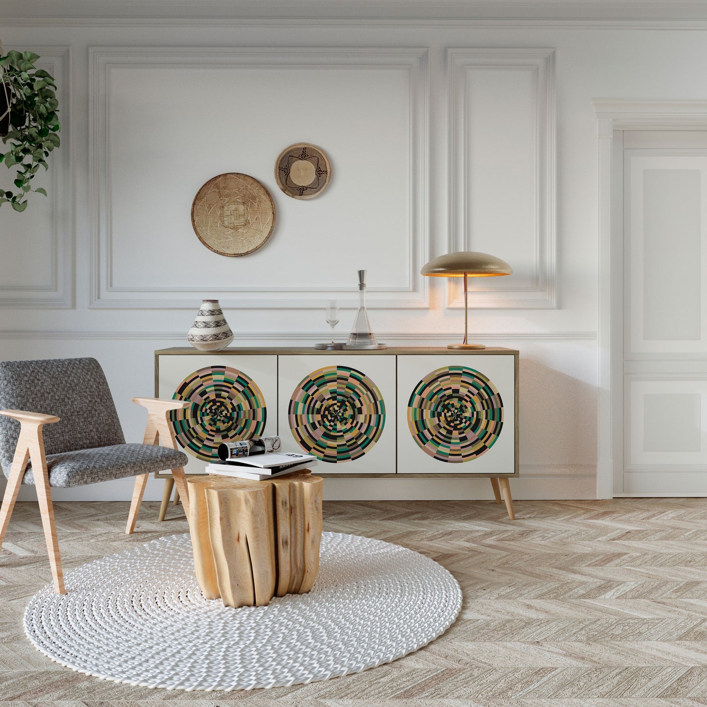 GREEN CIRCLES 3-Door Sideboard in Oak Effect