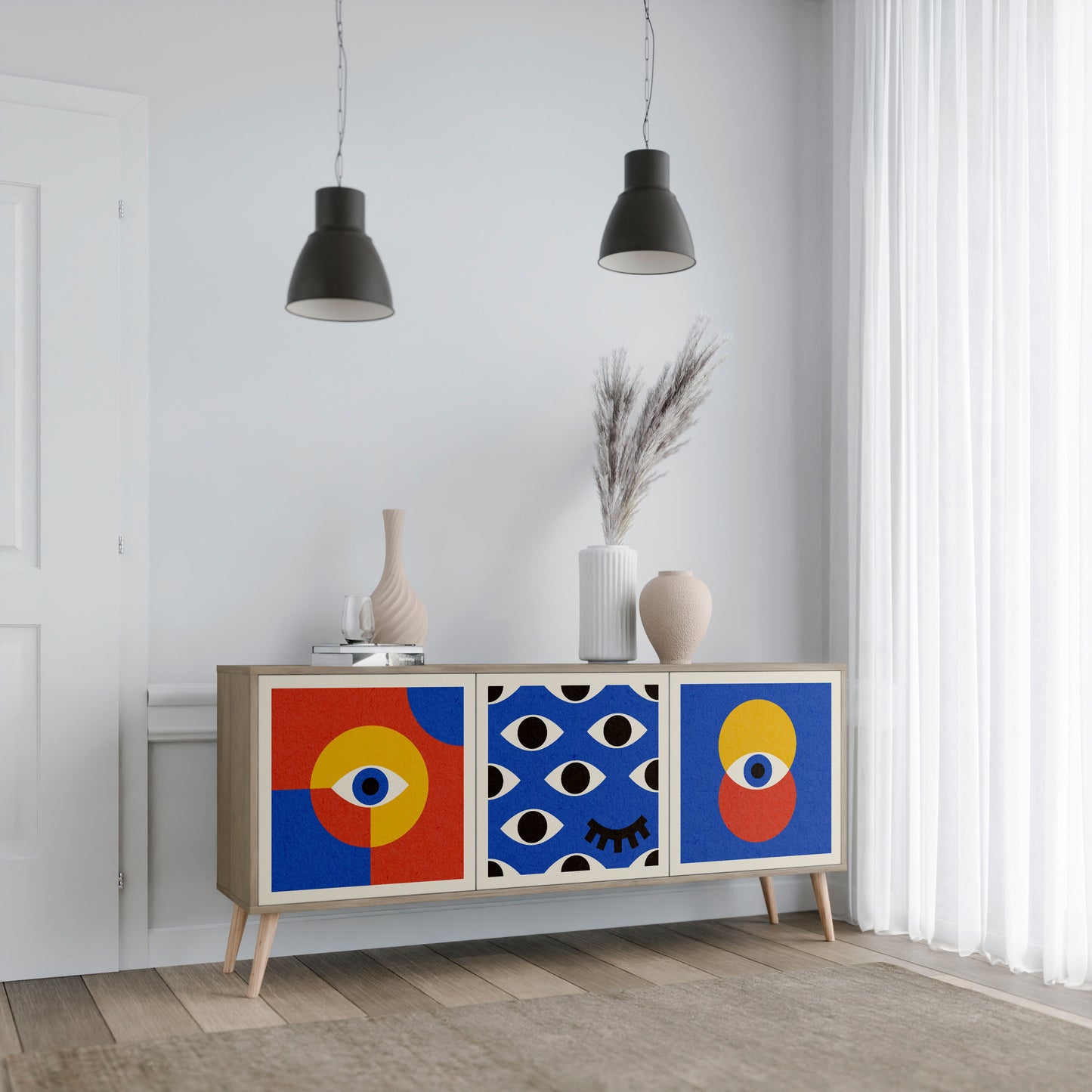 GEOMETRIC EYES 3-dörrars skänk i ekeffekt