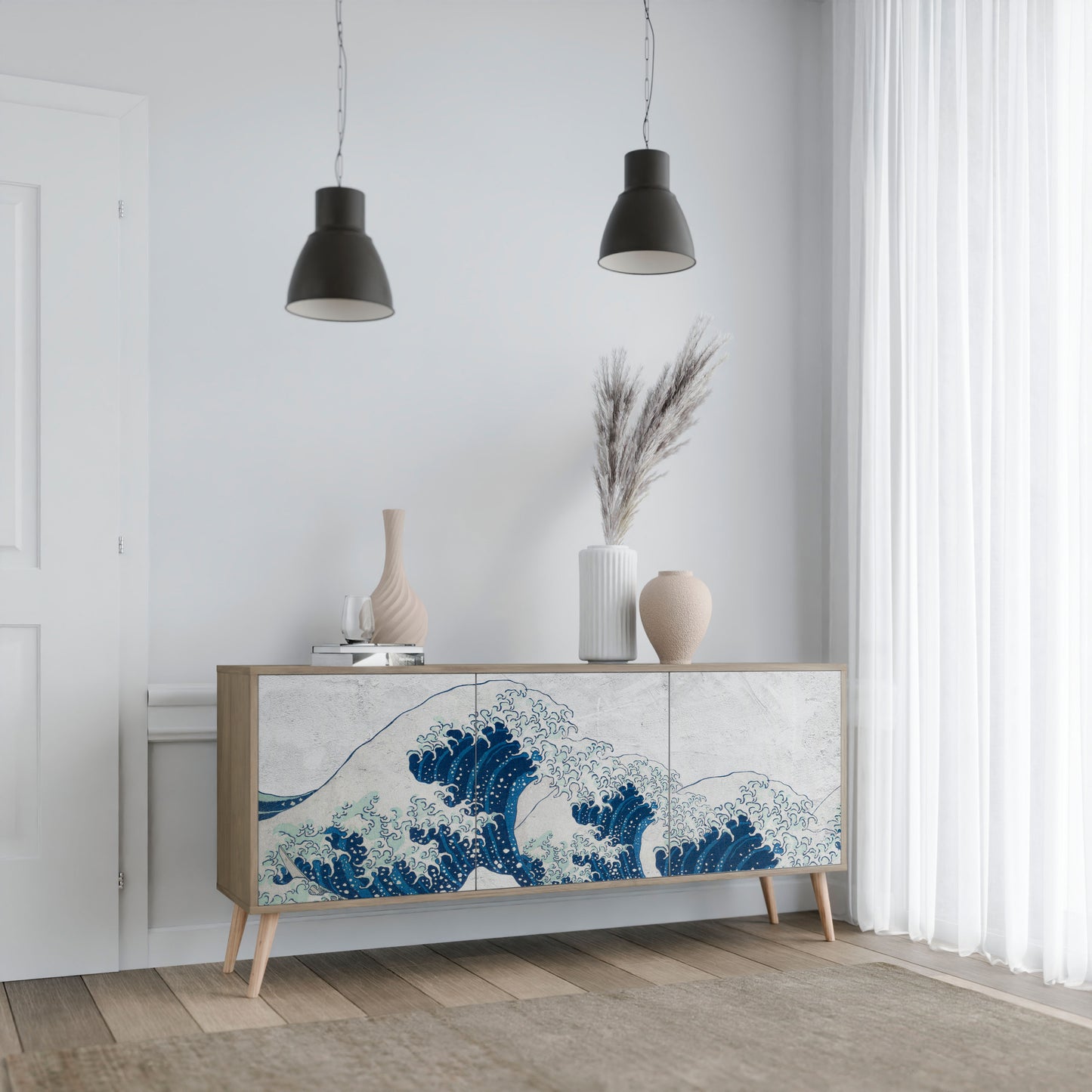 THE GREAT WAVE AT KANAGAWA 3-Door Sideboard in Oak Effect