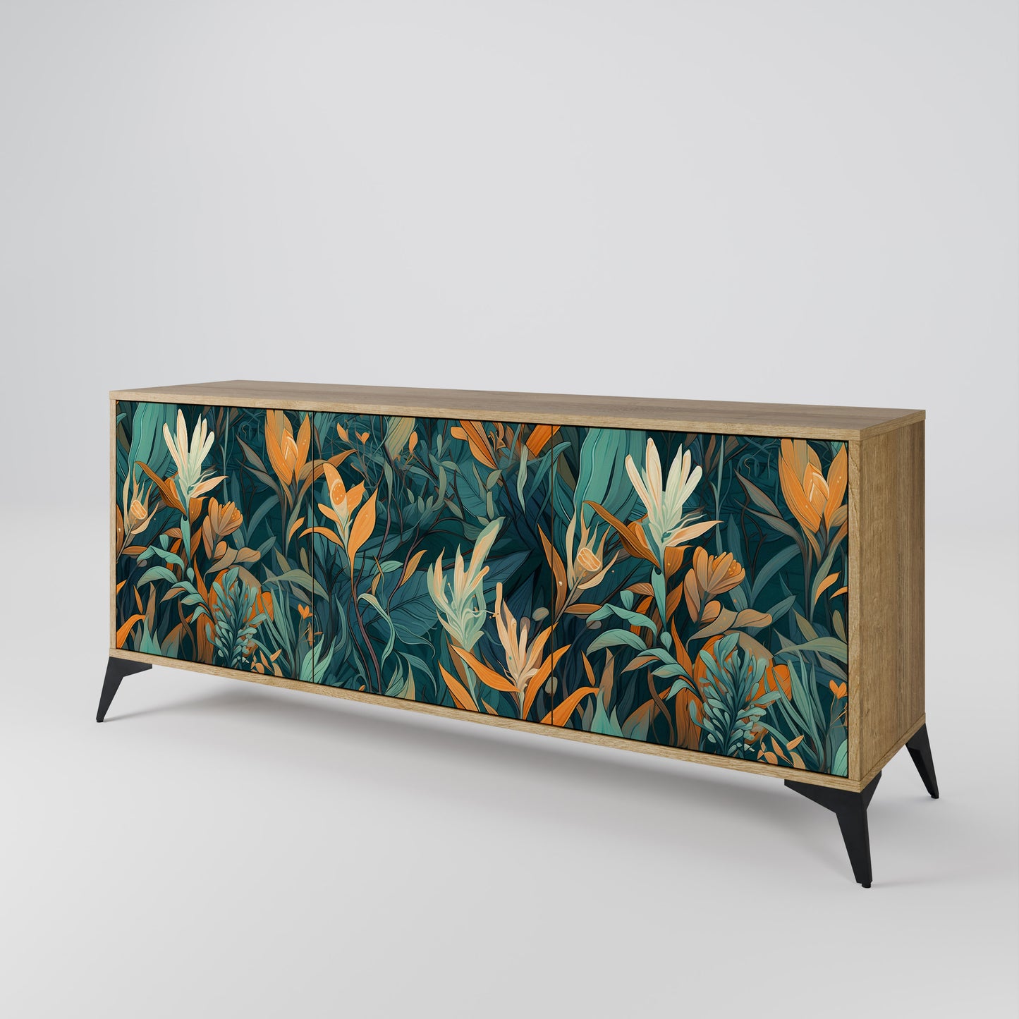 FLORAL SERENITY 3-dörrars skänk i ekeffekt