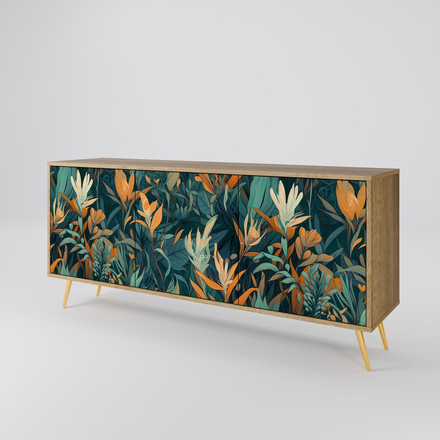 FLORAL SERENITY 3-dörrars skänk i ekeffekt