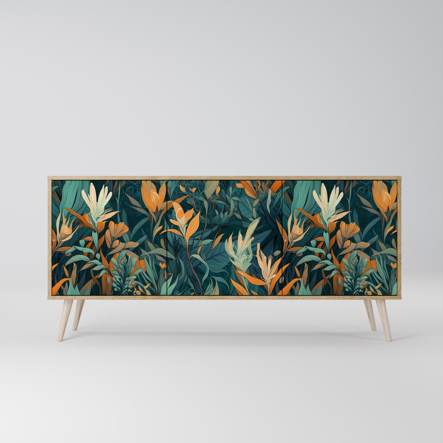 FLORAL SERENITY 3-dörrars skänk i ekeffekt