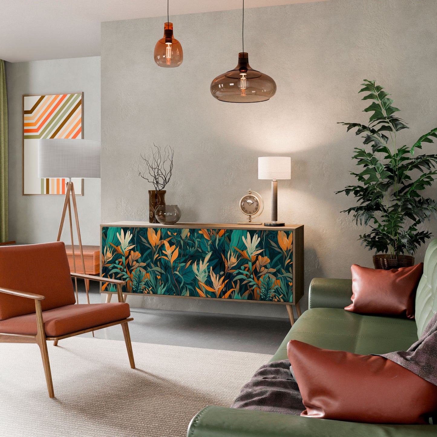 FLORAL SERENITY 3-dörrars skänk i ekeffekt