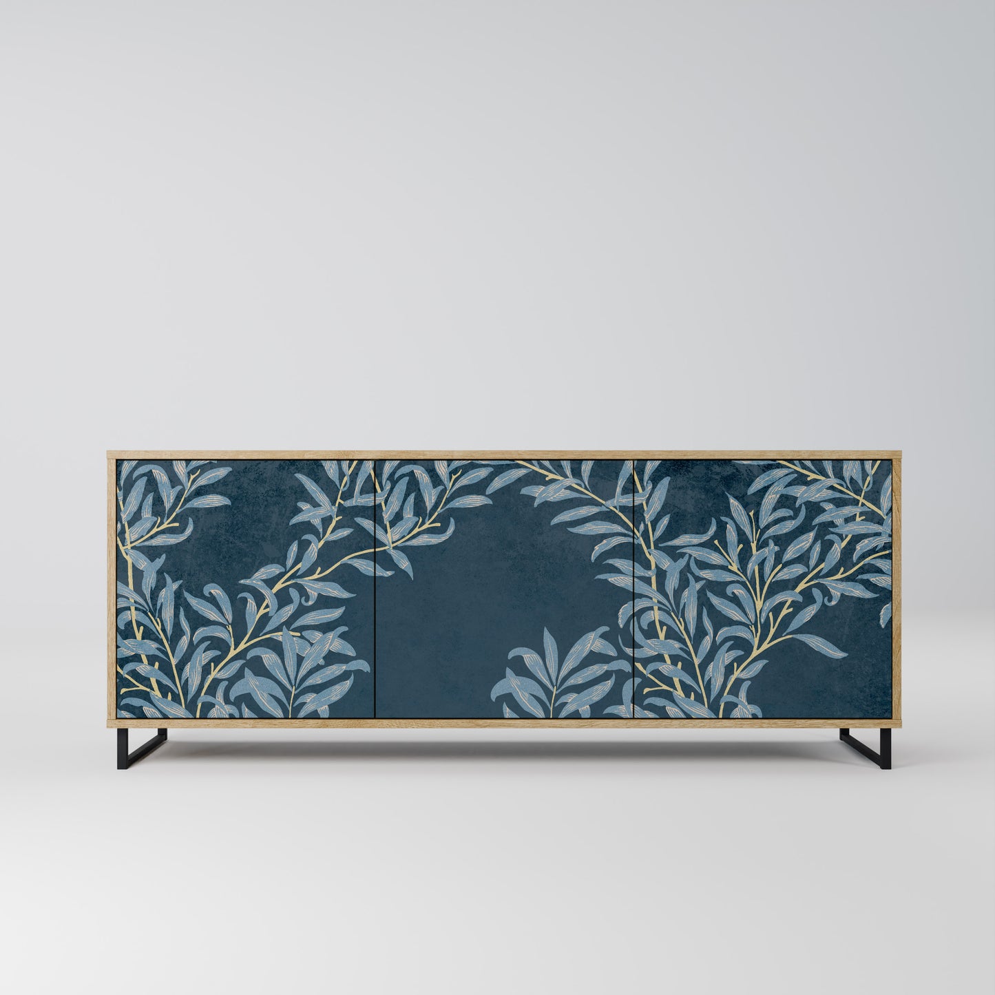 BLUE LEAVES skänk med 3 dörrar i ekeffekt