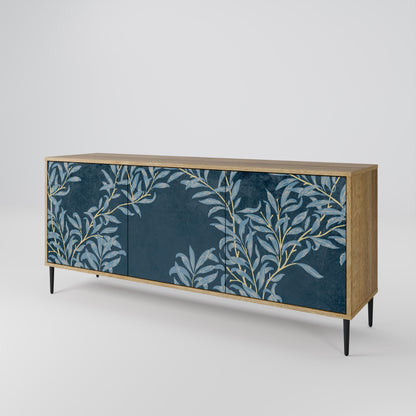 BLUE LEAVES skänk med 3 dörrar i ekeffekt