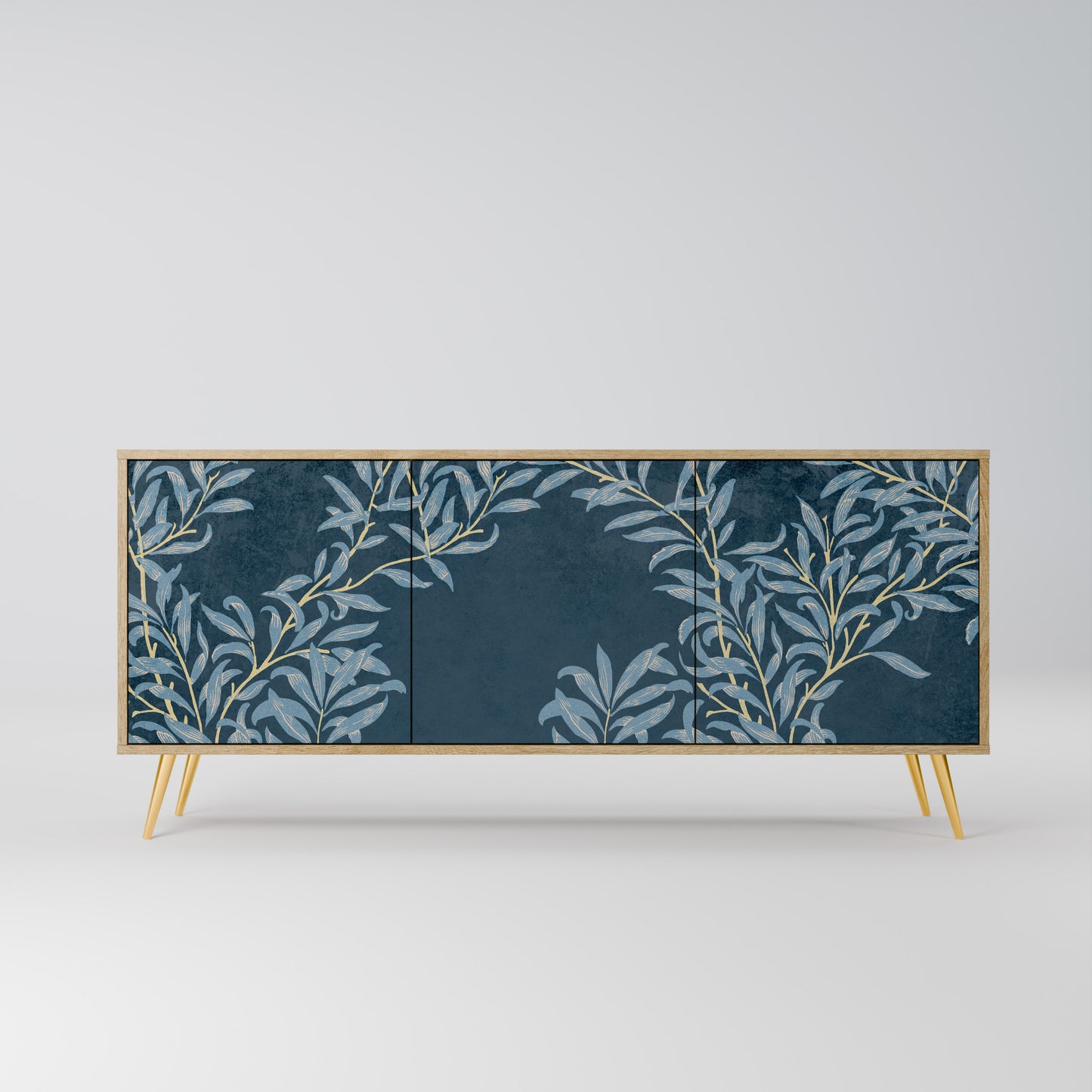 BLUE LEAVES skänk med 3 dörrar i ekeffekt