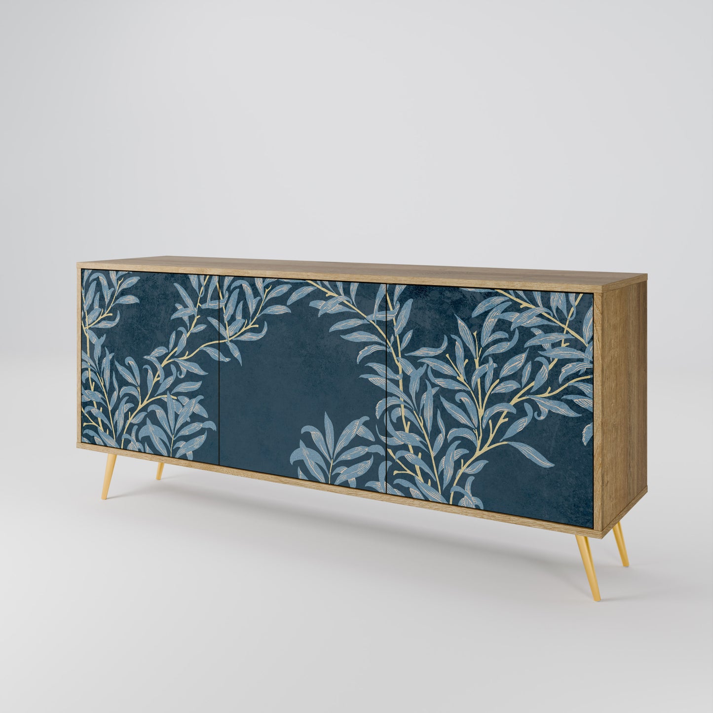 BLUE LEAVES skänk med 3 dörrar i ekeffekt
