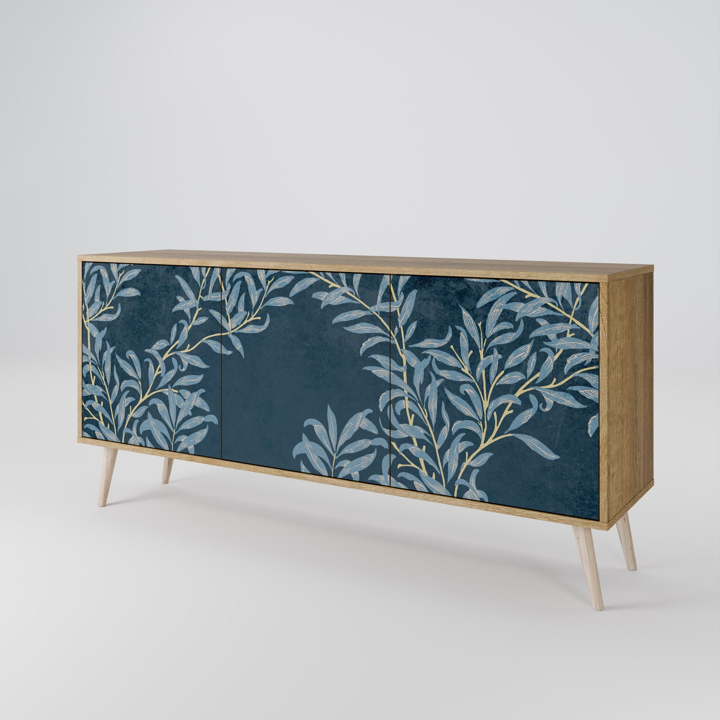 BLUE LEAVES skänk med 3 dörrar i ekeffekt