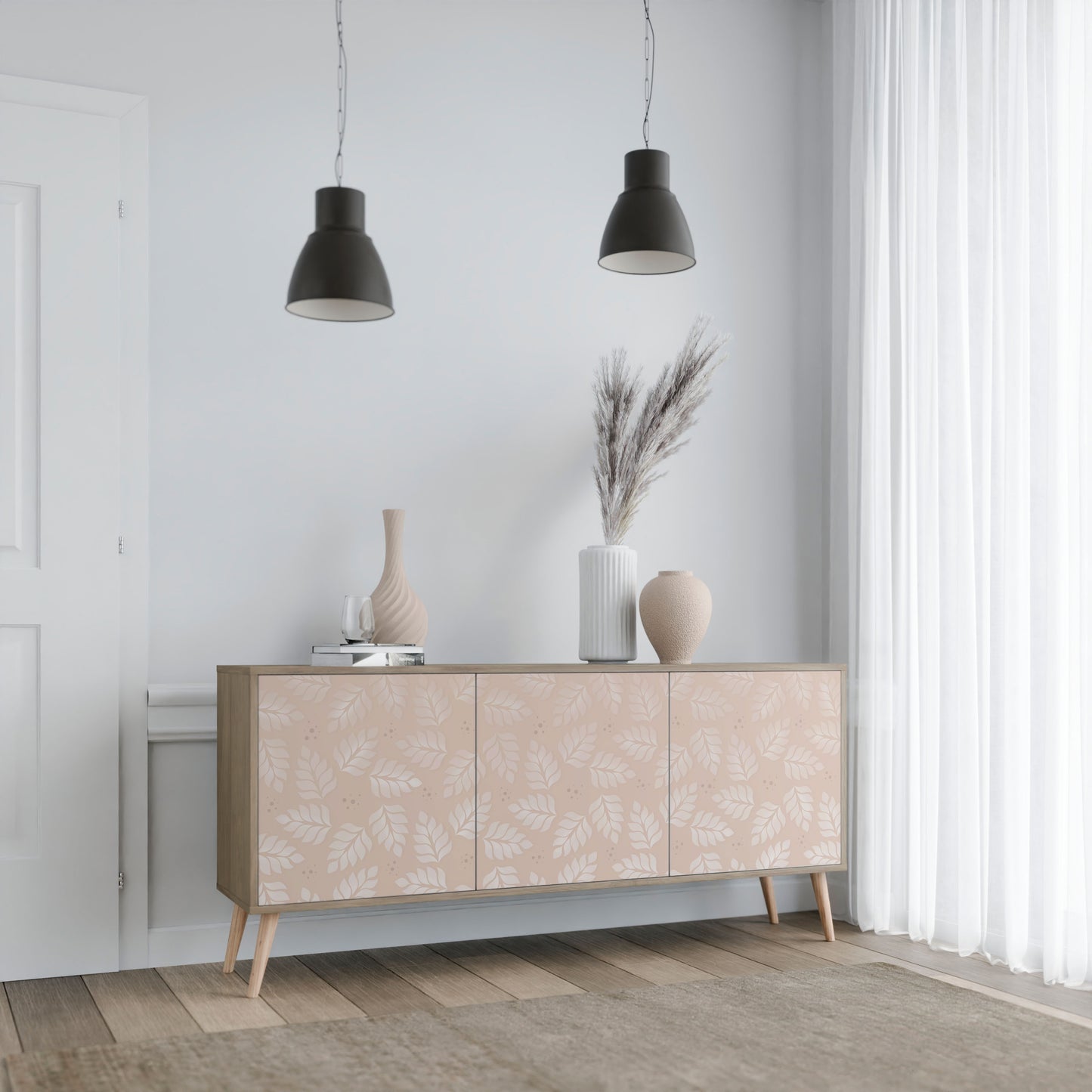 LÖV PÅ BEIGE 3-dörrars skänk i ekeffekt