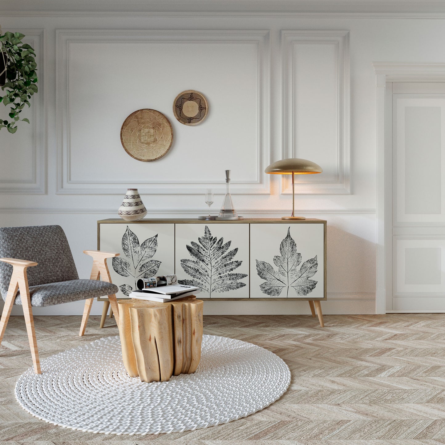 LEAFY STAMPS 3-Door Sideboard in Oak Effect