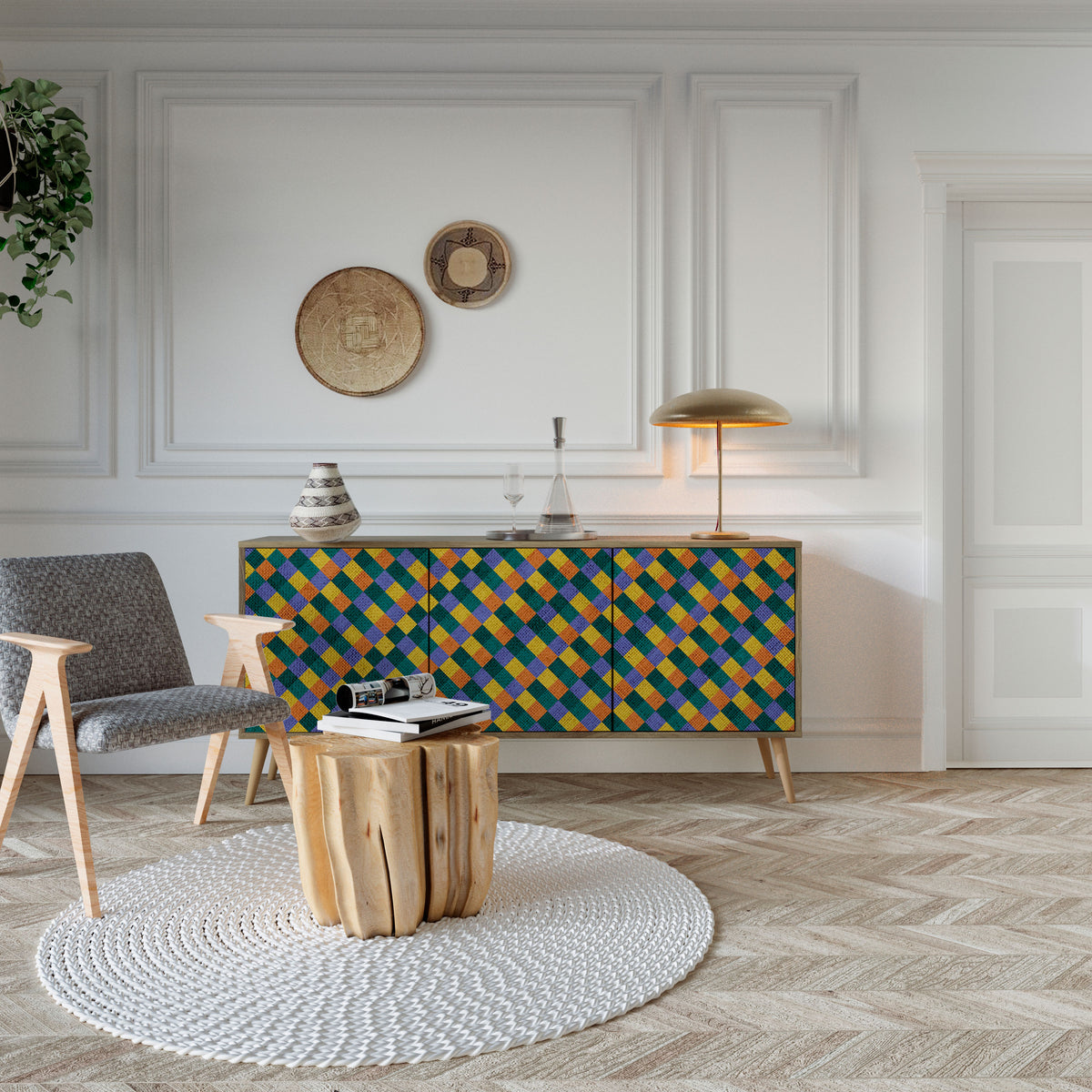 PAINTED SQUARES MIX Skänk med tre dörrar
