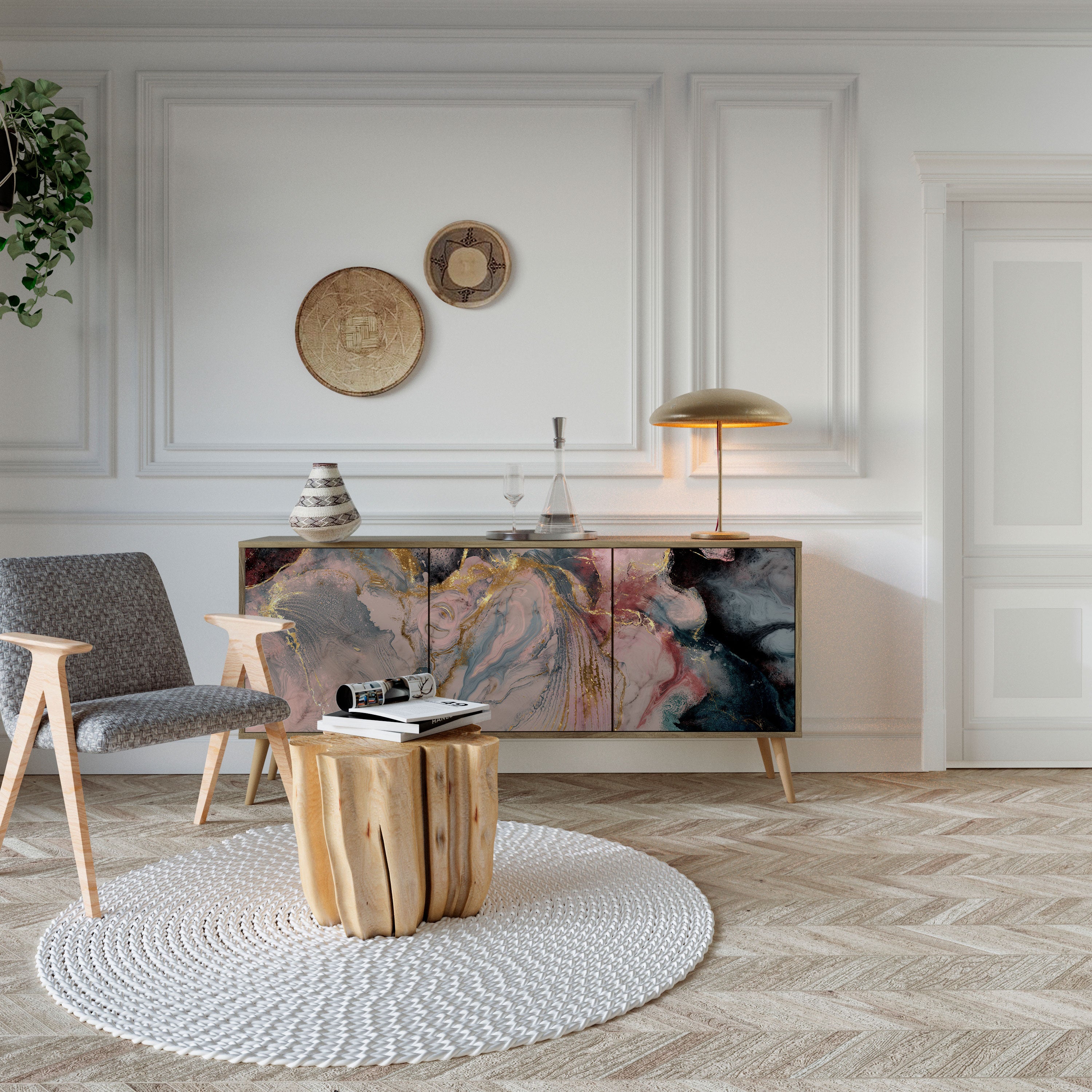 GILDED SWIRLS 3-dörrars skänk i ekeffekt