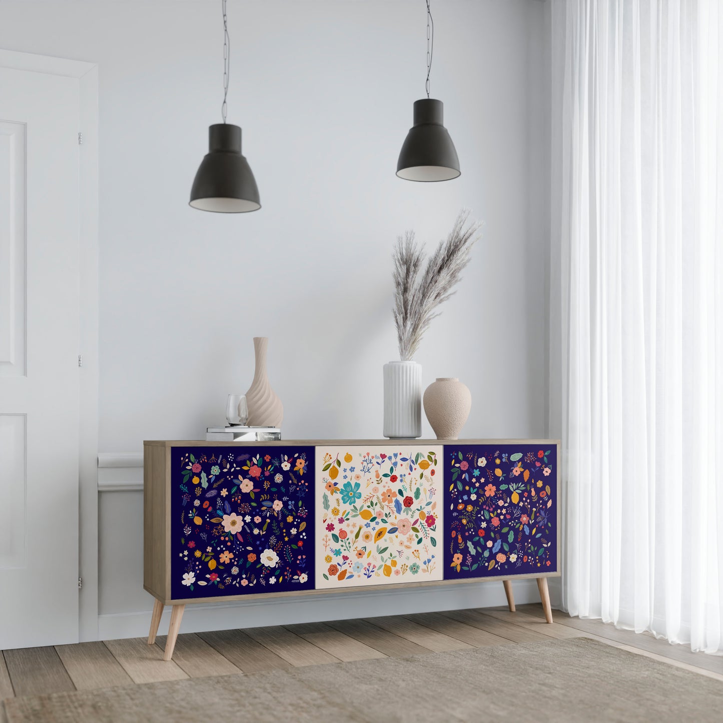 FLORAL COMBINATION 3-Door Sideboard in Oak Effect
