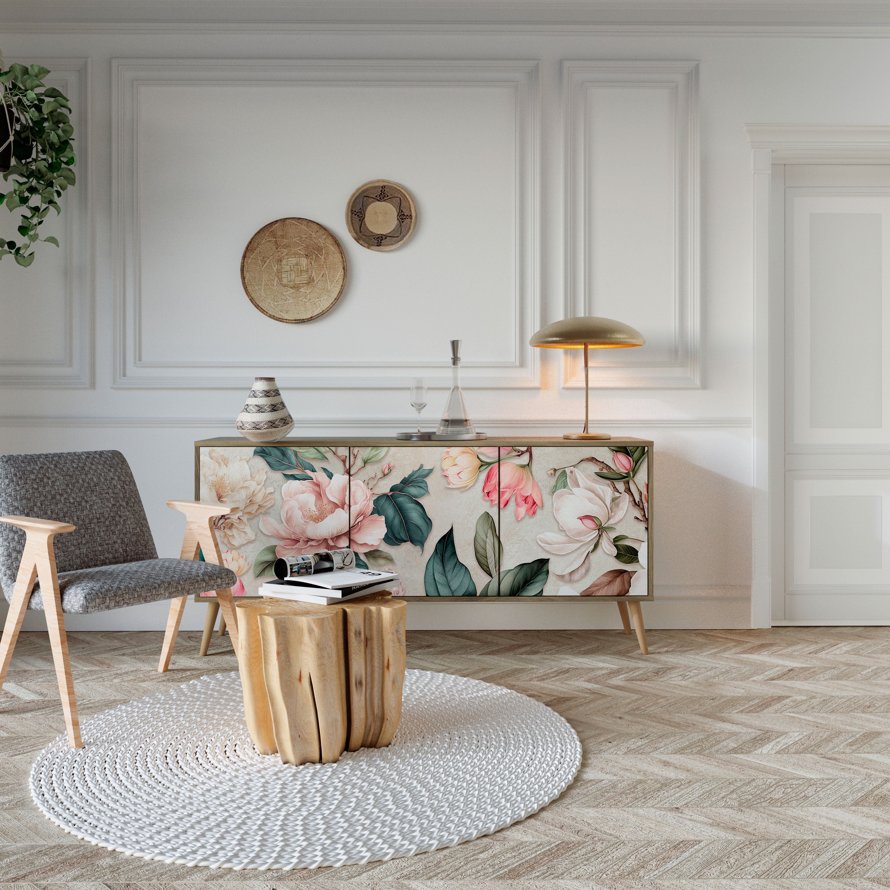 FLORAL GRACE 3-dörrars skänk i ekeffekt