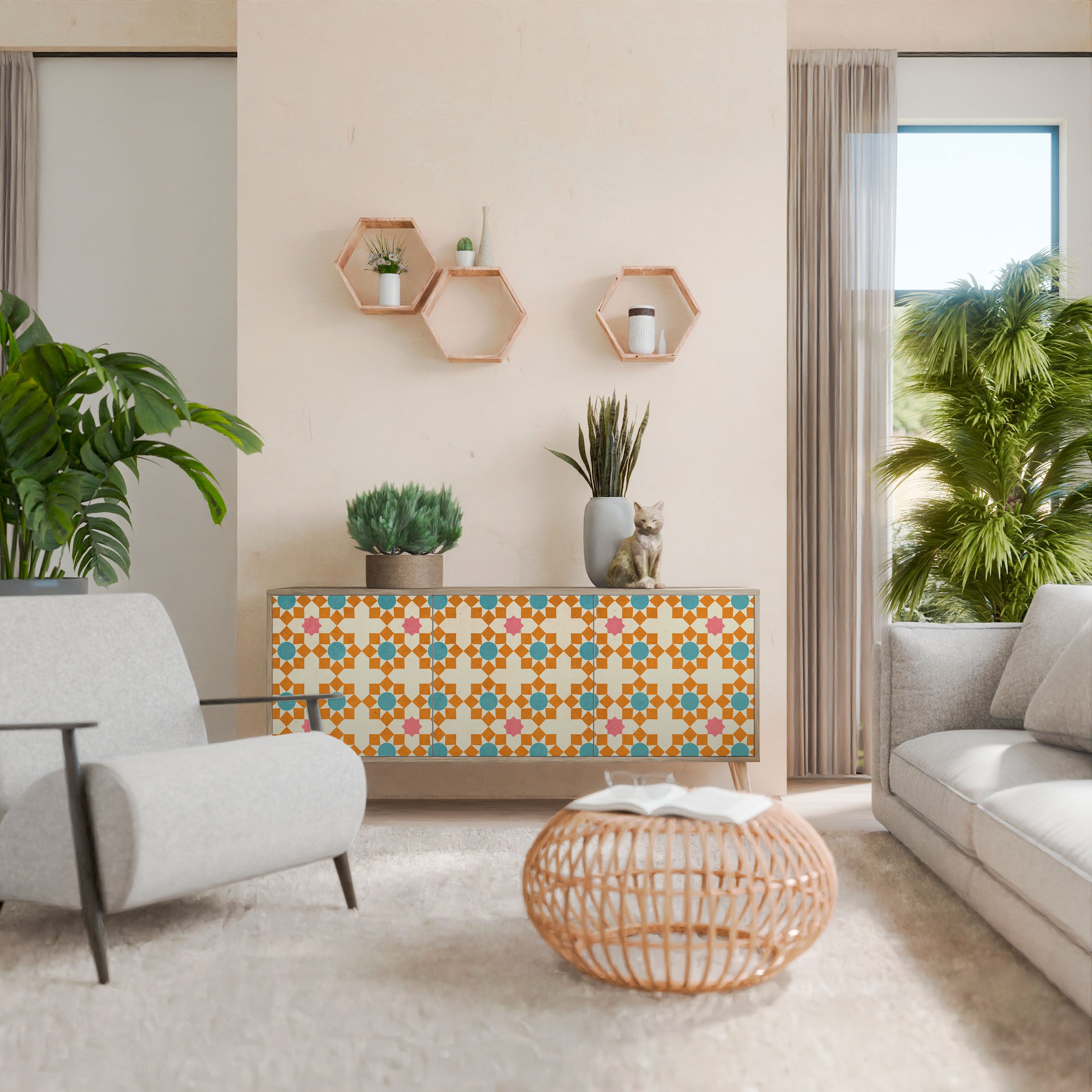 BLOMMAD DECOR 3-dörrars skänk i ekeffekt
