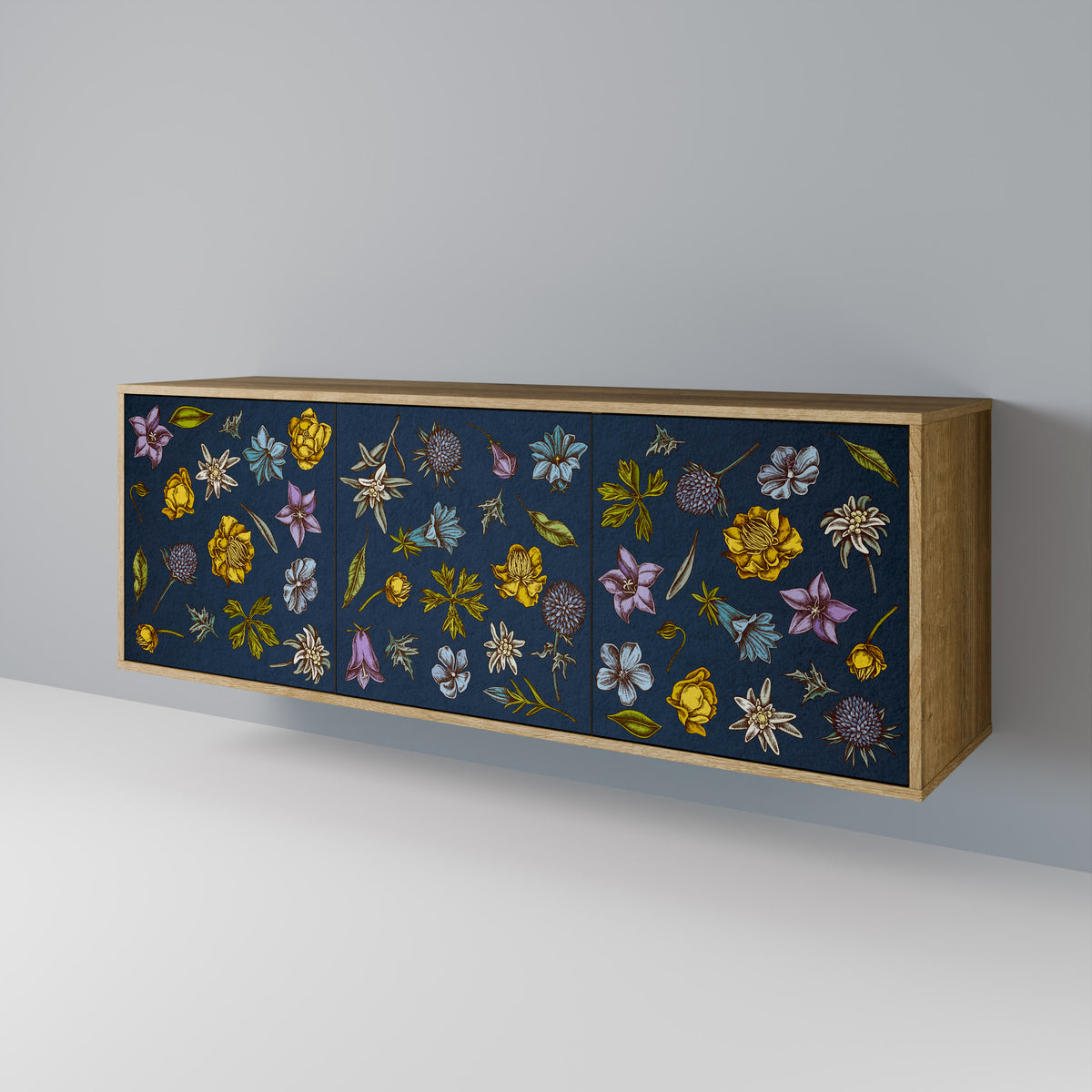 FLOWERS ON NAVY BLUE Skänk med tre dörrar