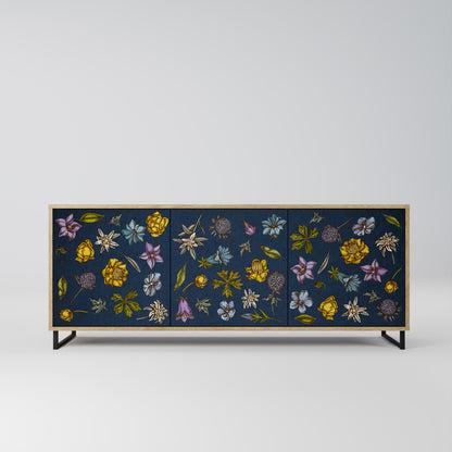 FLOWERS ON NAVY BLUE 3-Door Sideboard in Oak Effect