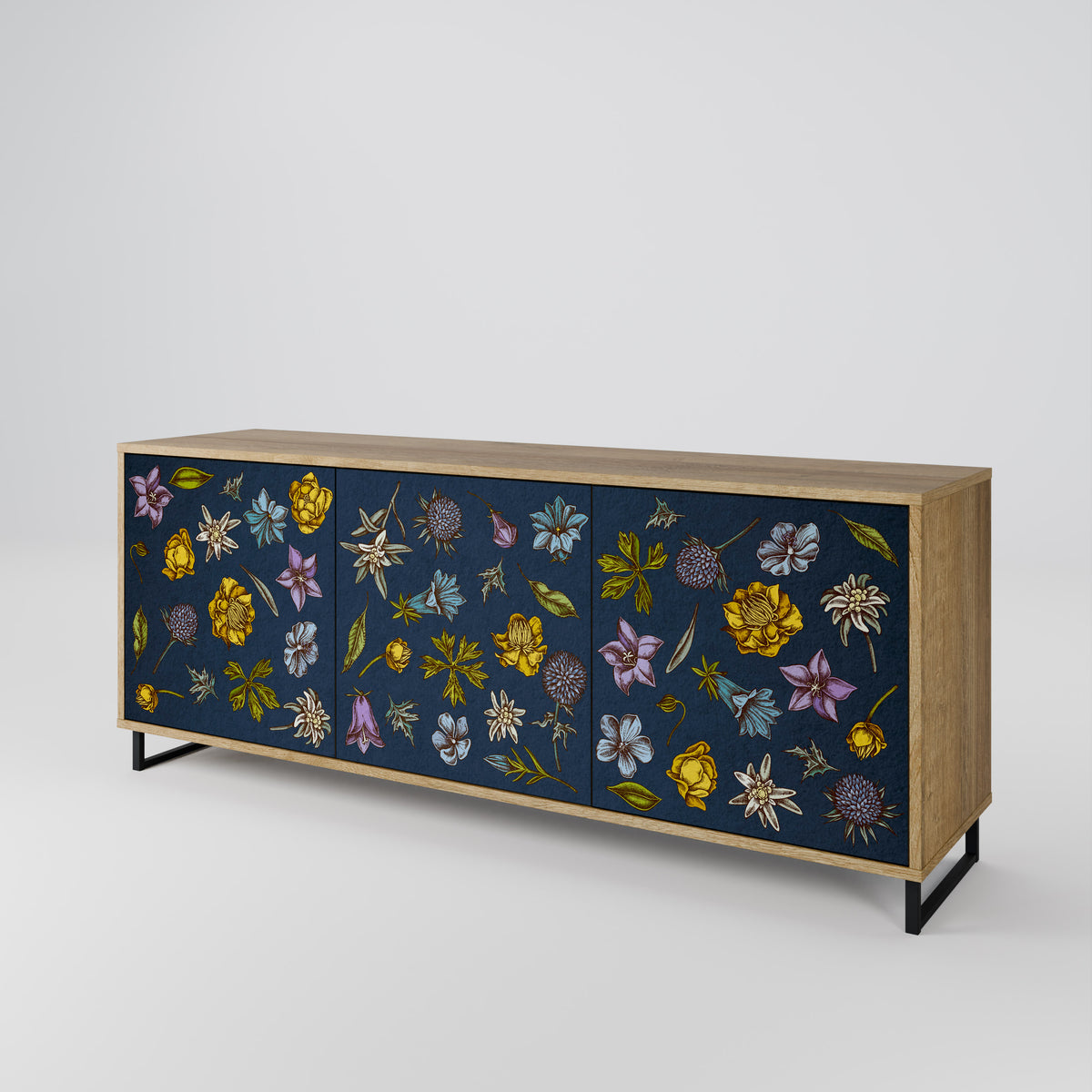 FLOWERS ON NAVY BLUE Skänk med tre dörrar