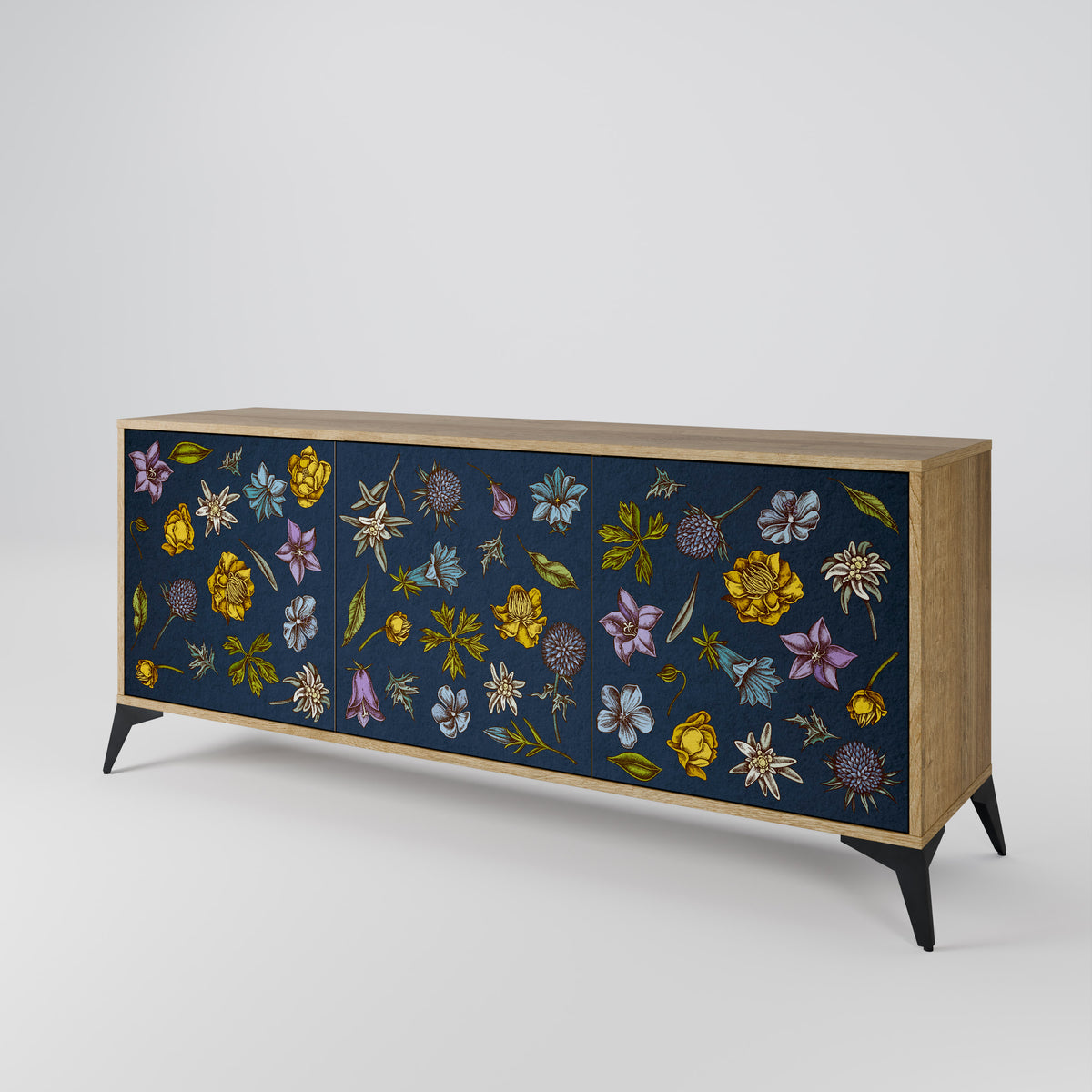 FLOWERS ON NAVY BLUE Skänk med tre dörrar