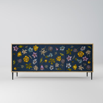 FLOWERS ON NAVY BLUE 3-Door Sideboard in Oak Effect