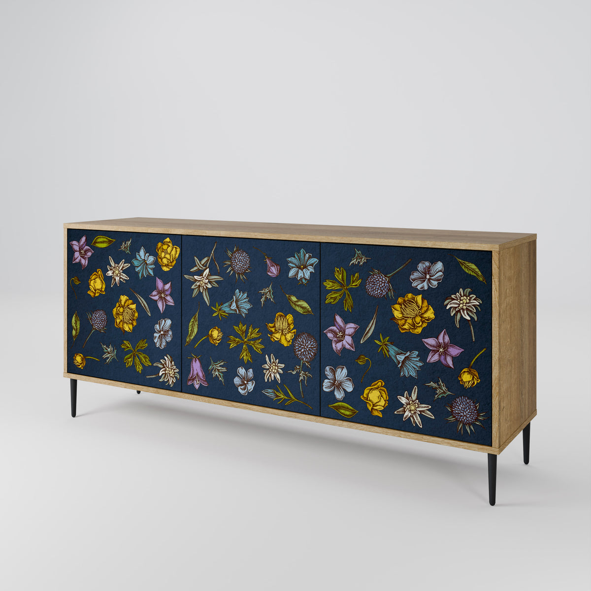FLOWERS ON NAVY BLUE Skänk med tre dörrar