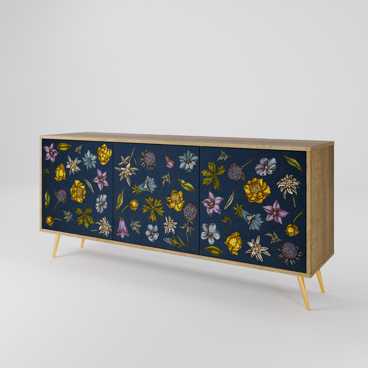 FLOWERS ON NAVY BLUE Skänk med tre dörrar