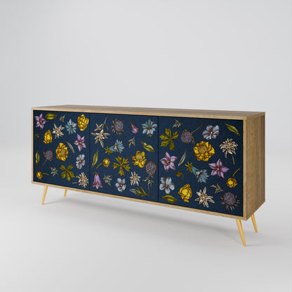 FLOWERS ON NAVY BLUE Skänk med tre dörrar