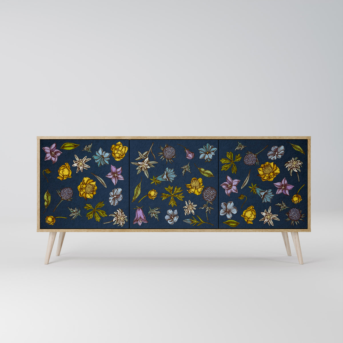 FLOWERS ON NAVY BLUE Skänk med tre dörrar