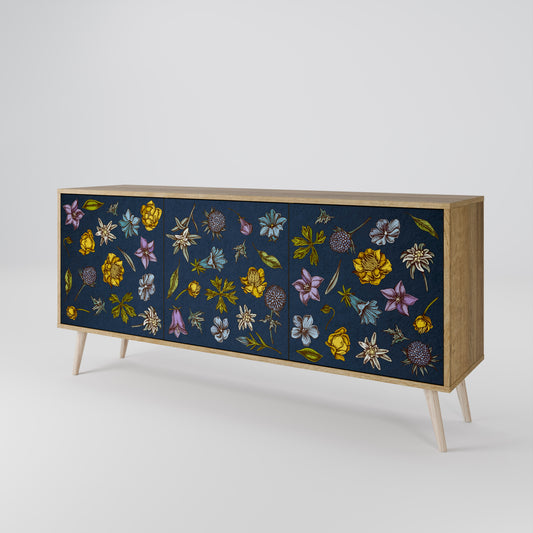 FLOWERS ON NAVY BLUE Skänk med tre dörrar