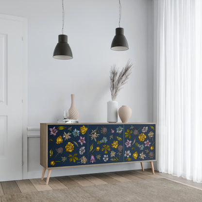 FLOWERS ON NAVY BLUE 3-Door Sideboard in Oak Effect