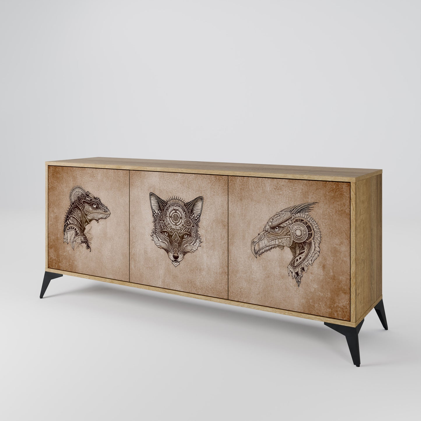 STEAMPUNK CLAN 3-Door Sideboard in Oak Effect