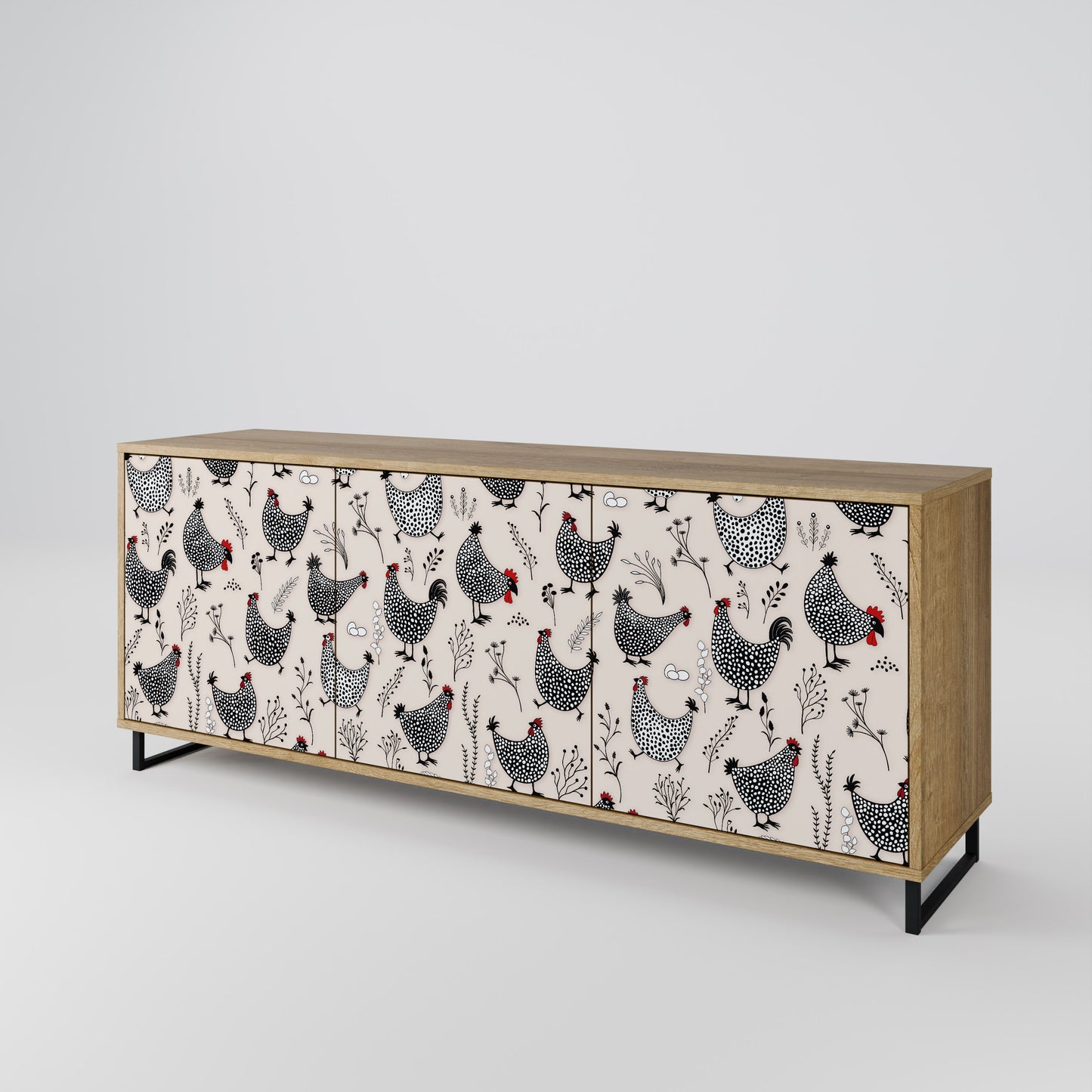 HAPPY HENS 3-Door Sideboard in Oak Effect