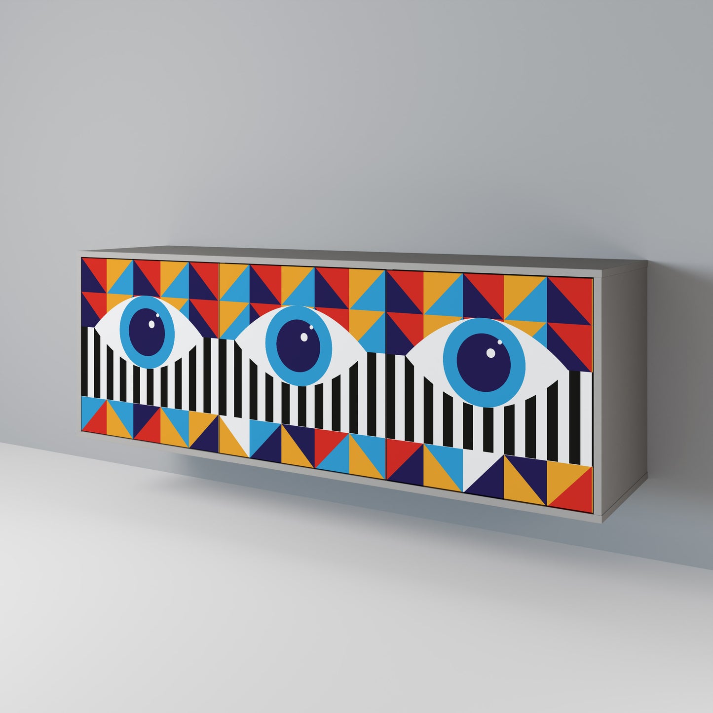 ABSTRAKTION OCH GEOMETRI 3-dörrars skänk i grå finish