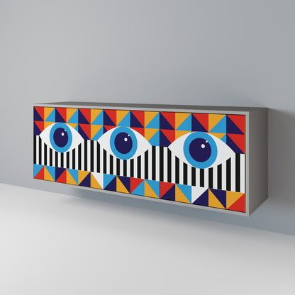 ABSTRAKTION OCH GEOMETRI 3-dörrars skänk i grå finish