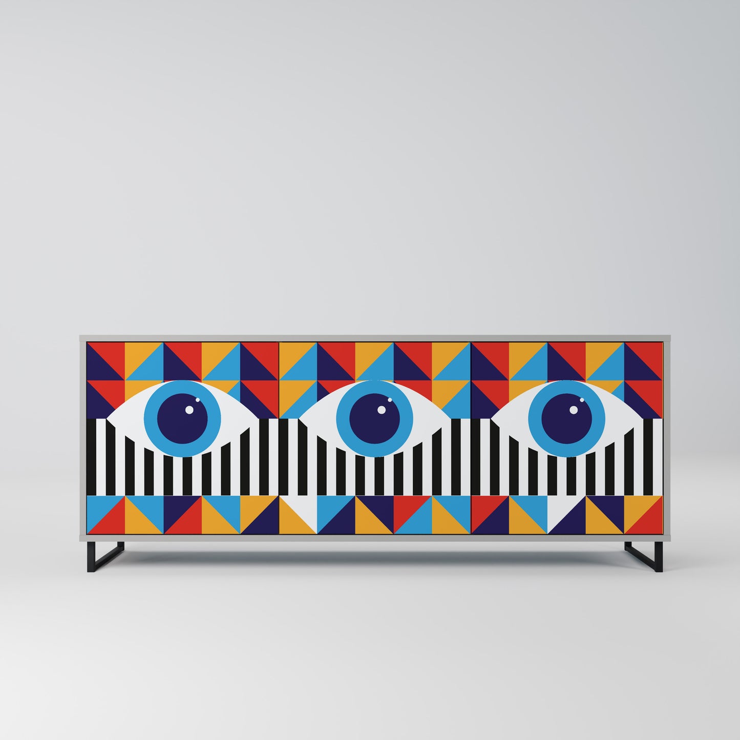 ABSTRAKTION OCH GEOMETRI 3-dörrars skänk i grå finish
