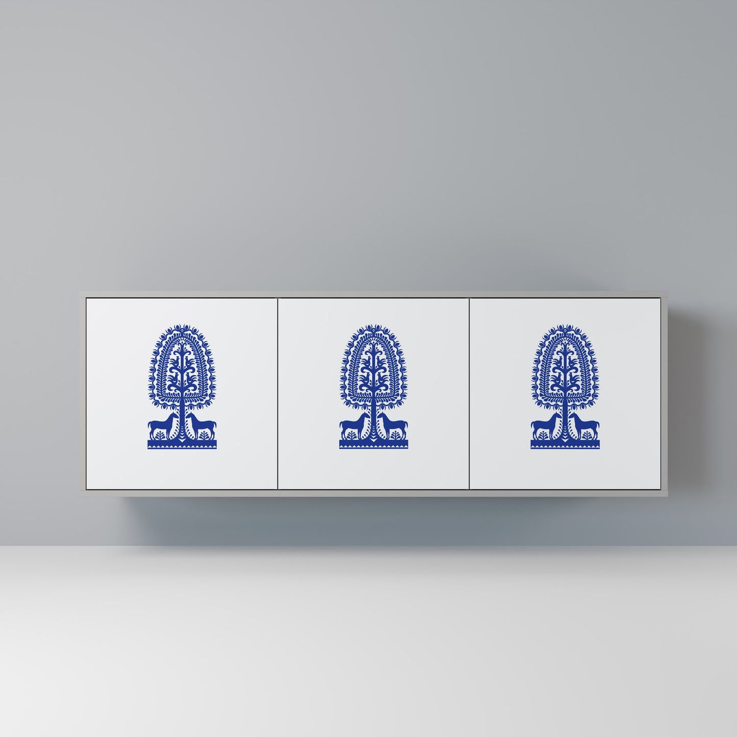 POLISH FOLK ART 3-dörrars skänk i grå finish