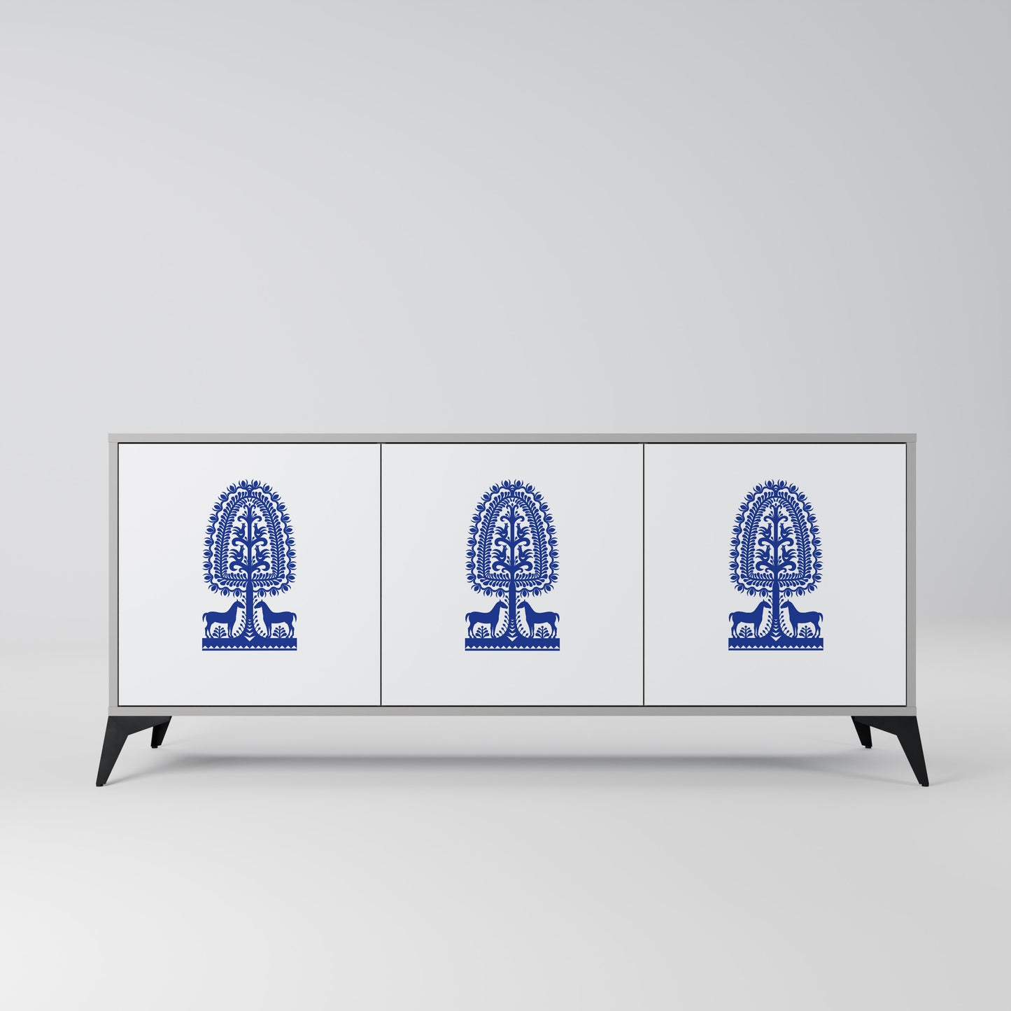 POLISH FOLK ART 3-dörrars skänk i grå finish