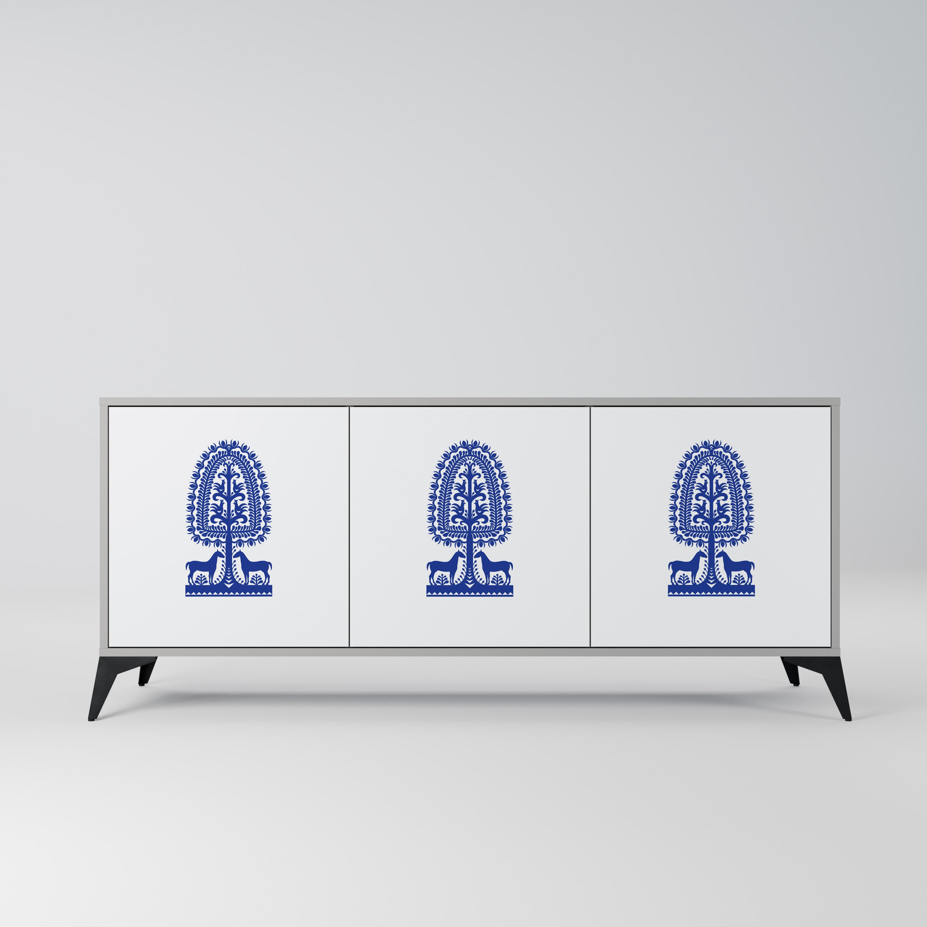 POLISH FOLK ART 3-dörrars skänk i grå finish