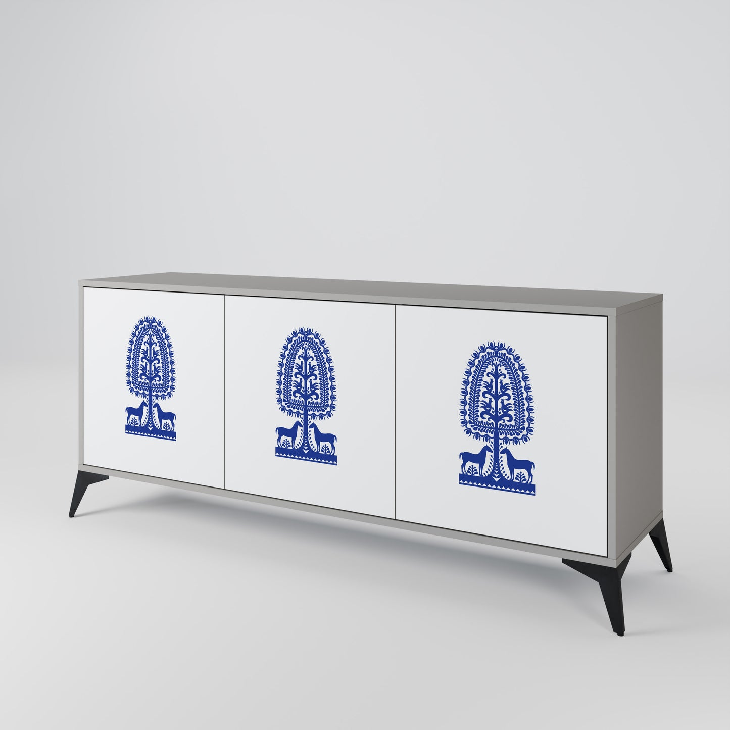 POLISH FOLK ART 3-dörrars skänk i grå finish