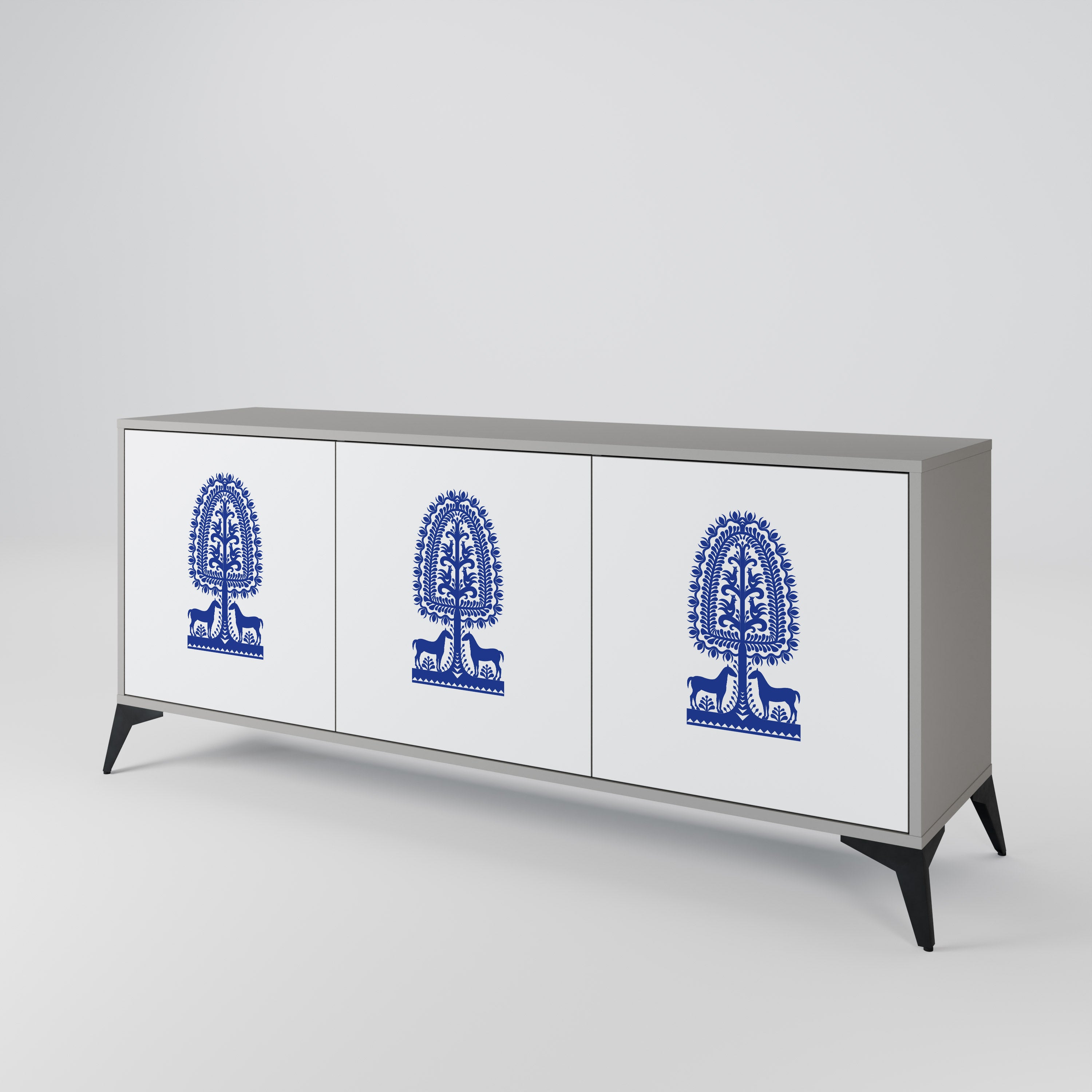 POLISH FOLK ART 3-dörrars skänk i grå finish