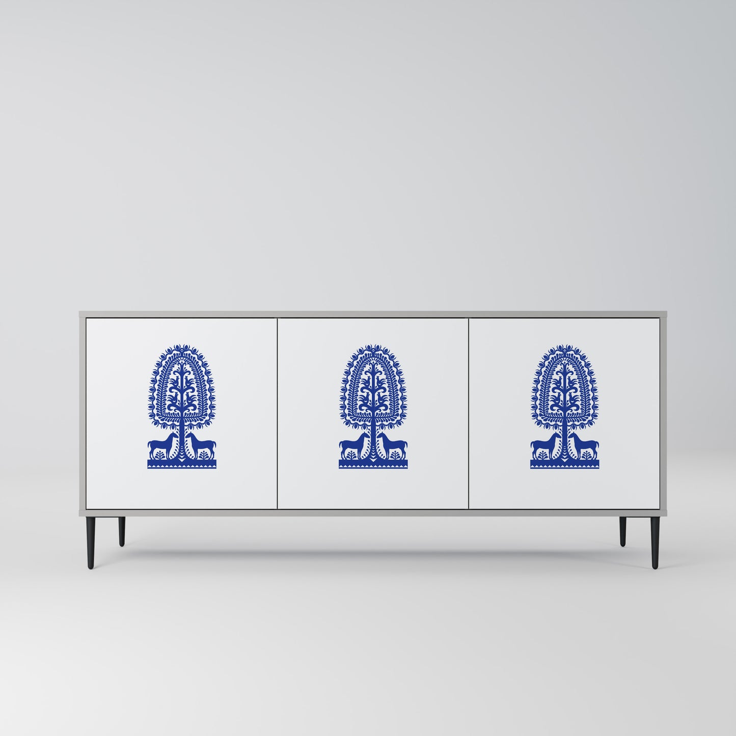 POLISH FOLK ART 3-dörrars skänk i grå finish