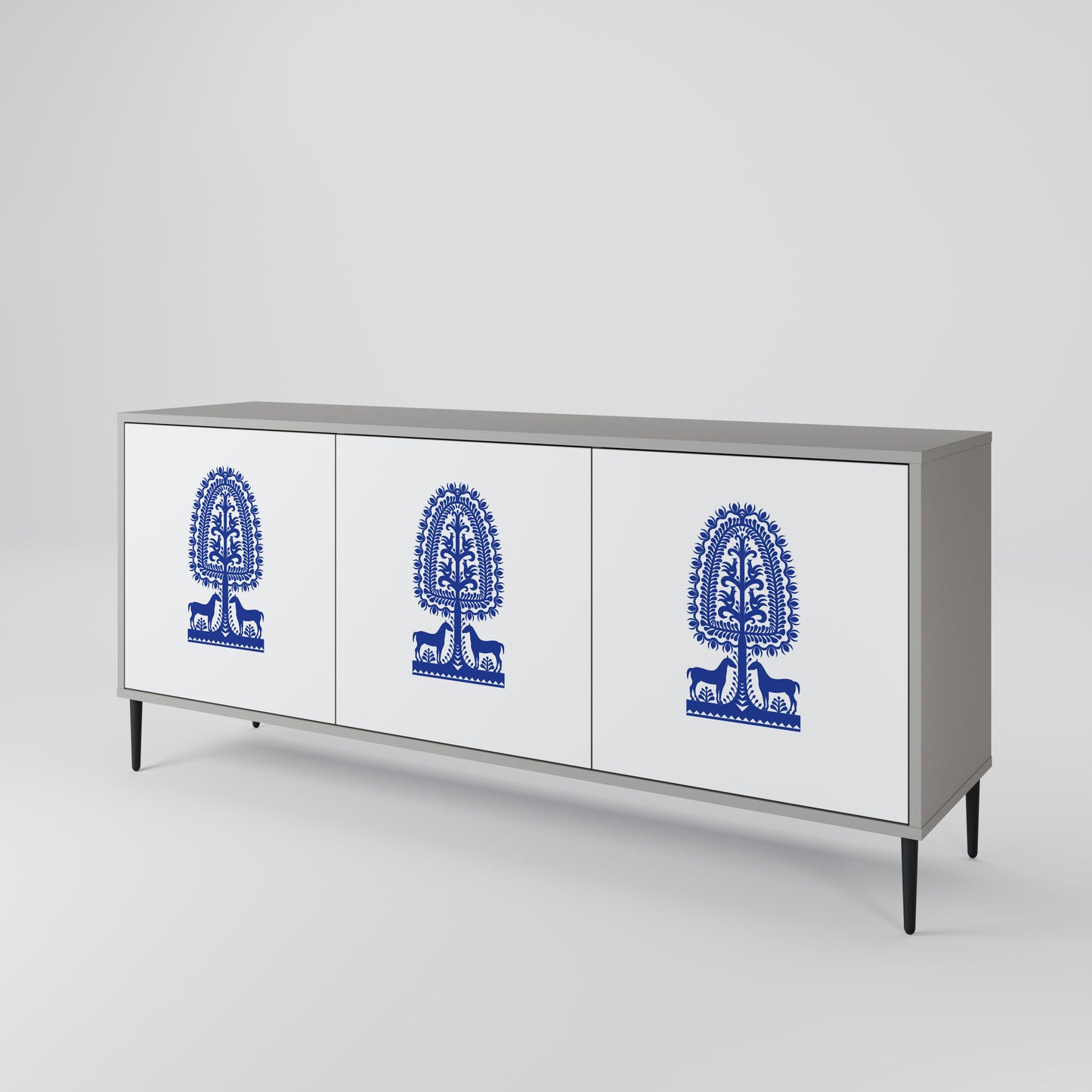 POLISH FOLK ART 3-dörrars skänk i grå finish