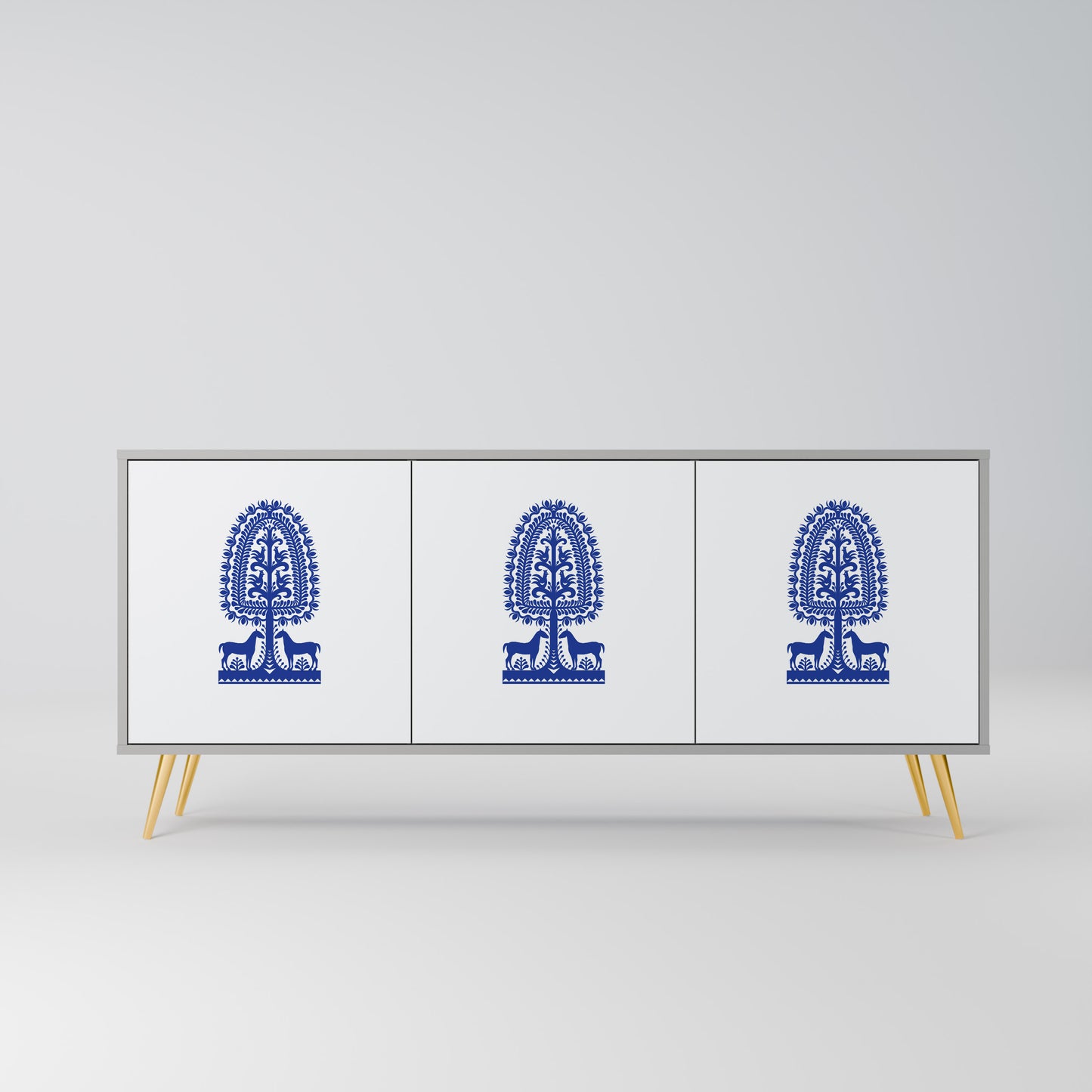 POLISH FOLK ART 3-dörrars skänk i grå finish