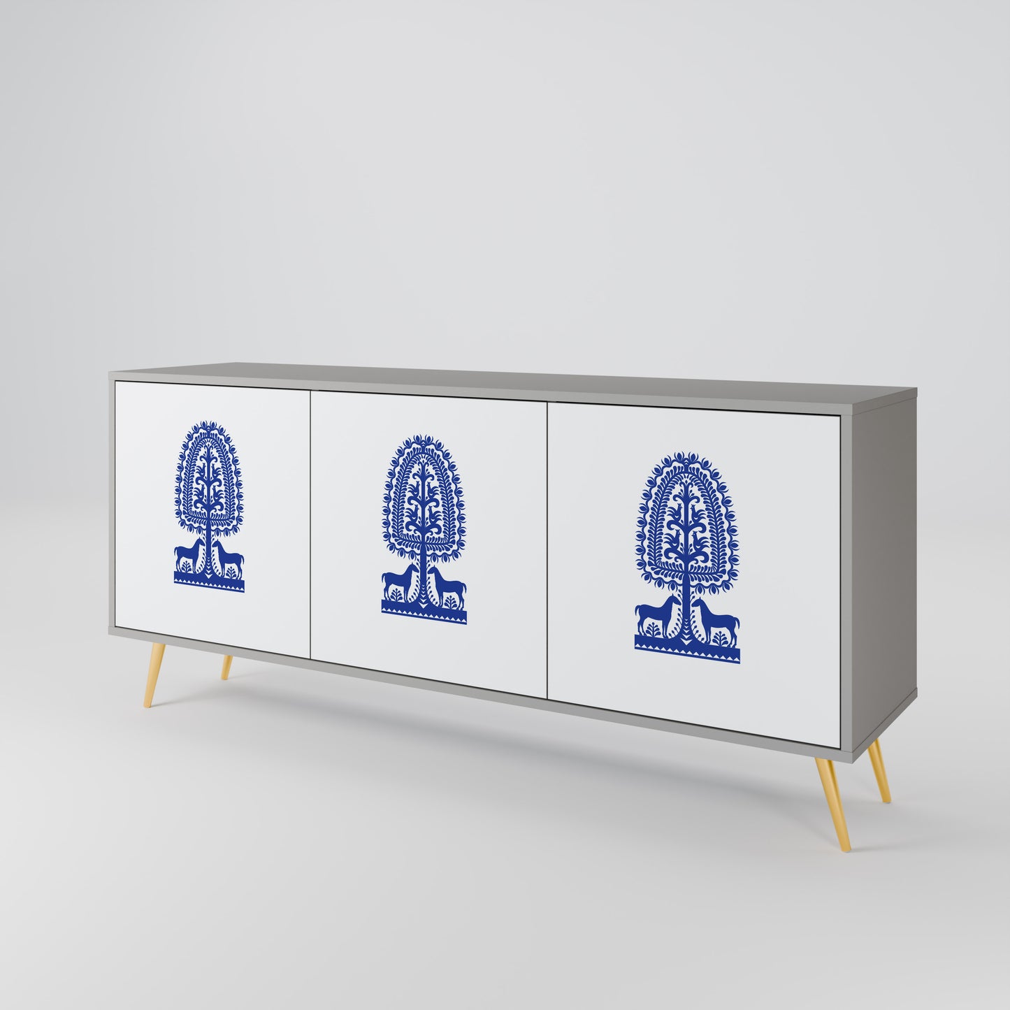 POLISH FOLK ART 3-dörrars skänk i grå finish