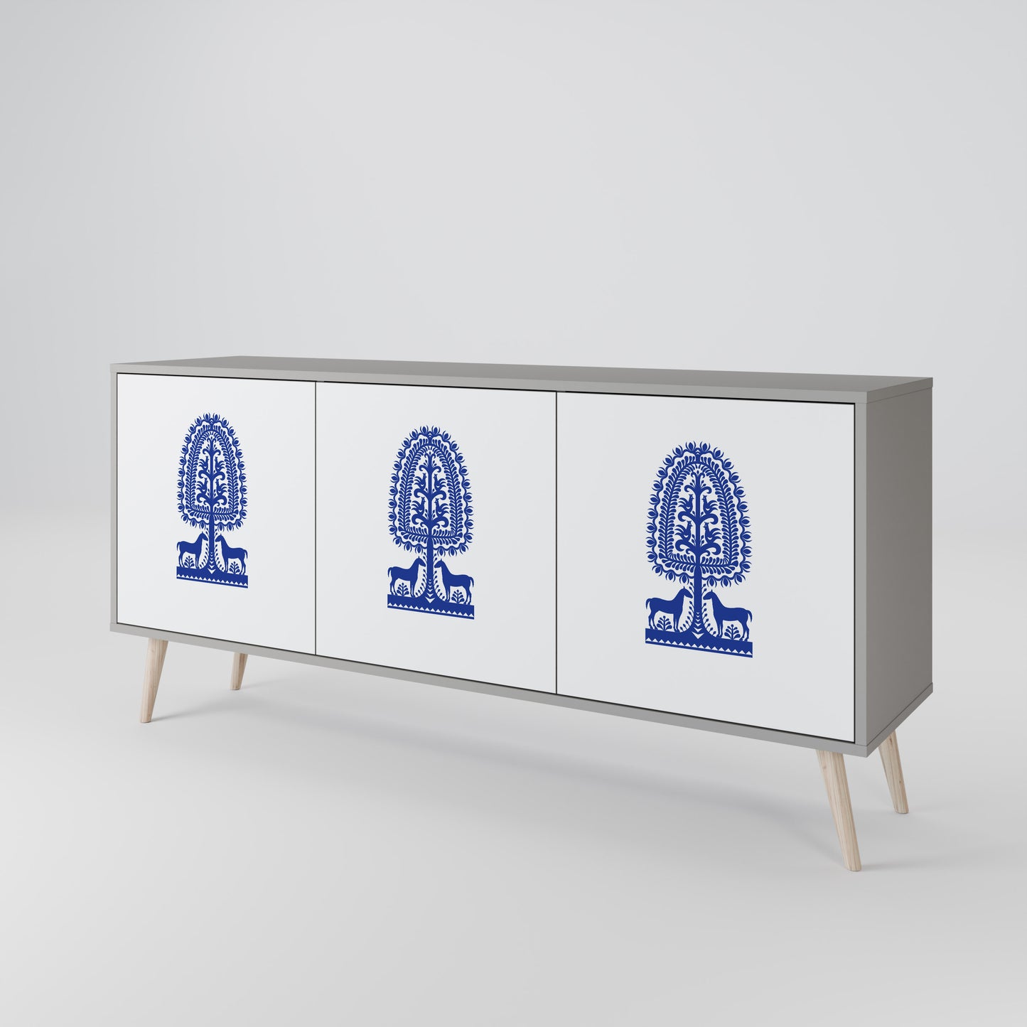 POLISH FOLK ART 3-dörrars skänk i grå finish