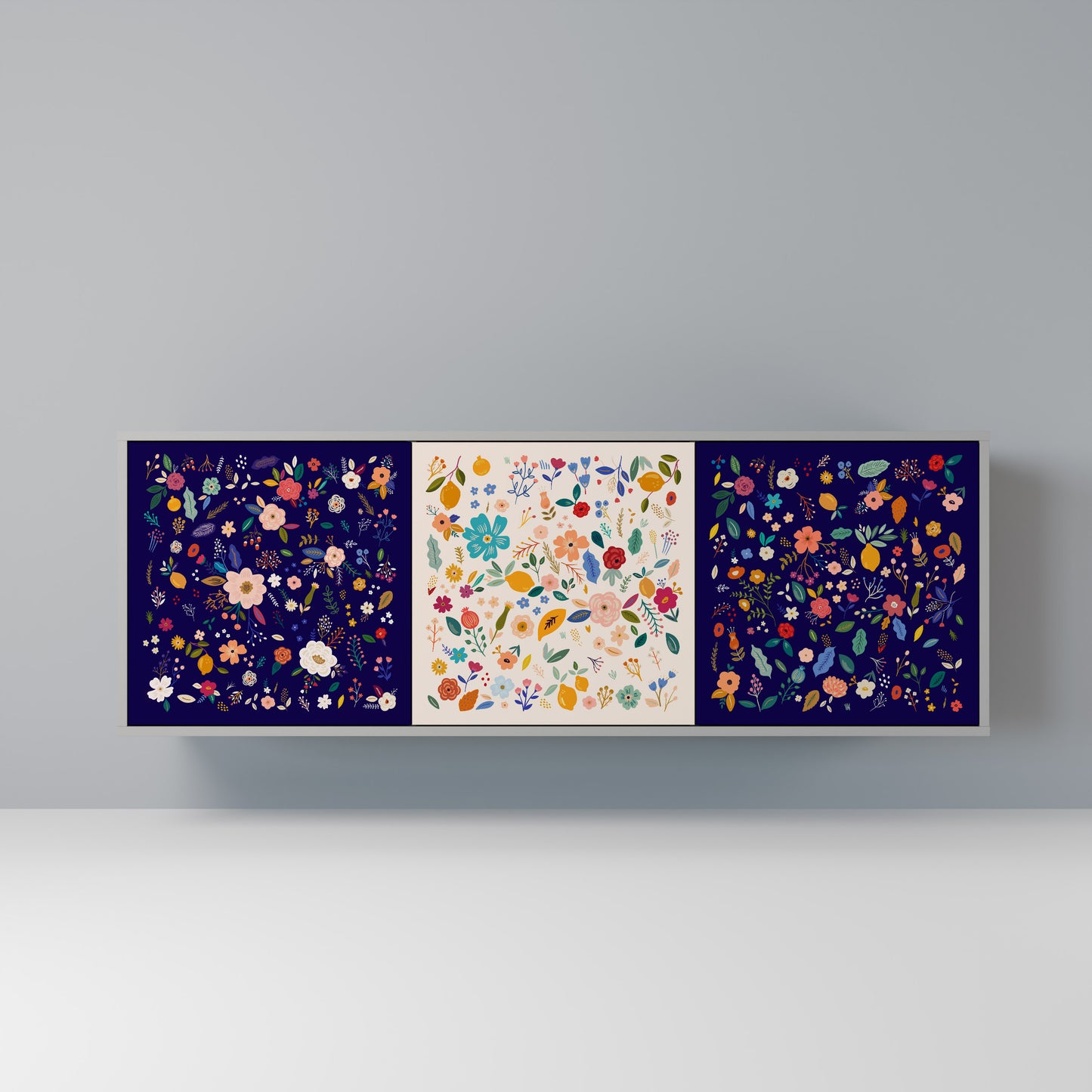 FLORAL COMBINATION 3-Door Sideboard in Grey Finish