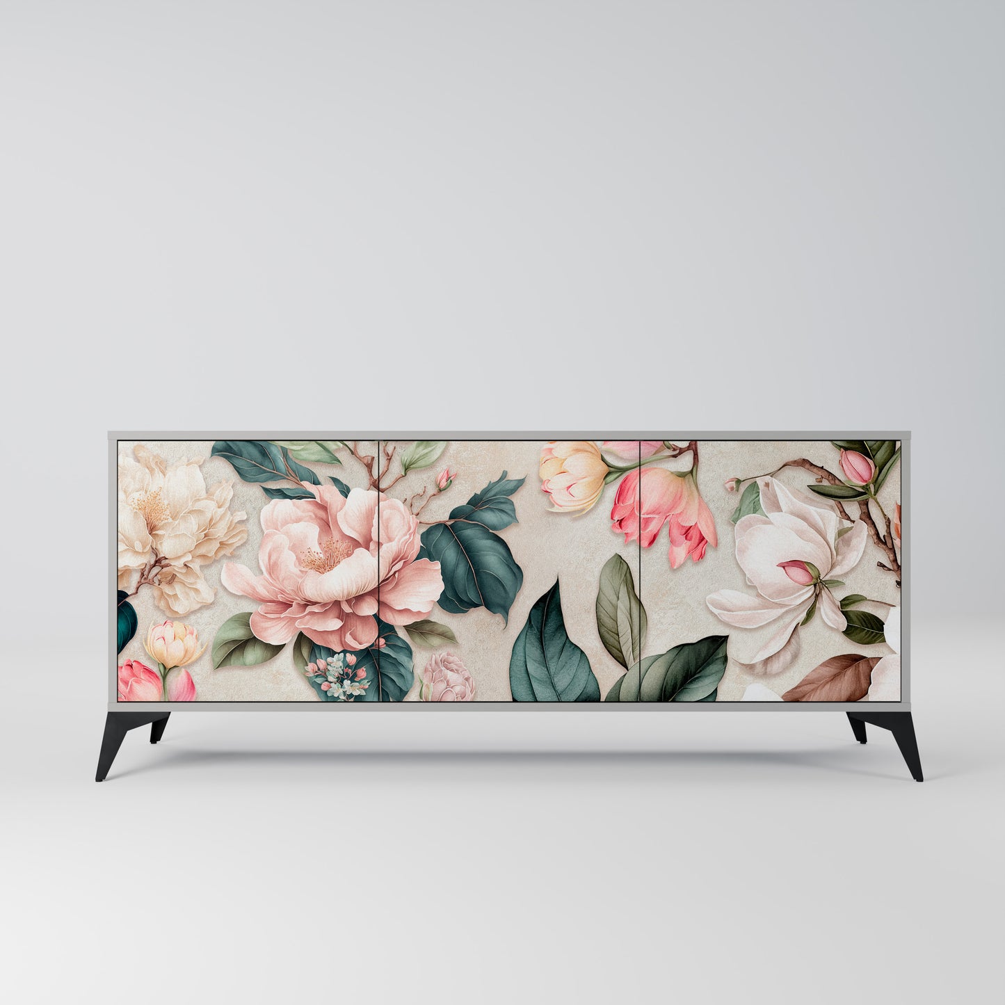 FLORAL GRACE 3-Door Sideboard in Grey Finish