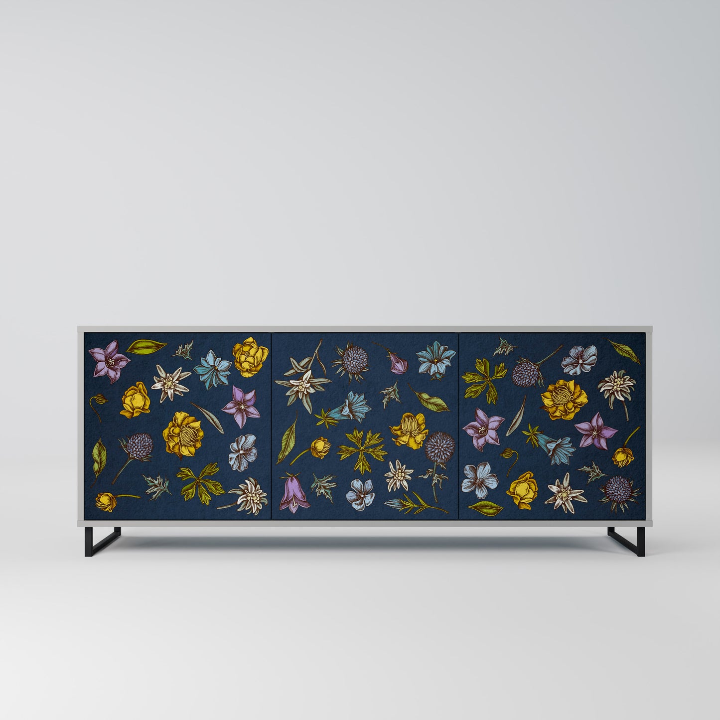 BLOMMOR PÅ MARINBLÅ 3-dörrars skänk i grå finish