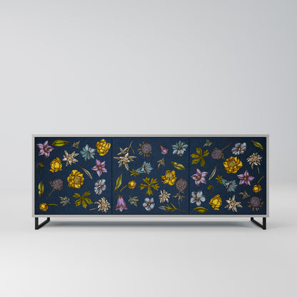 BLOMMOR PÅ MARINBLÅ 3-dörrars skänk i grå finish