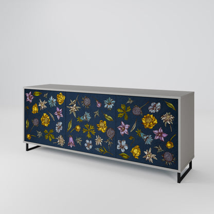FLOWERS ON NAVY BLUE Skänk med tre dörrar